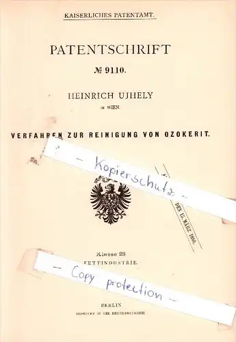 Original Patent - Heinrich Ujhely in Wien , 1879 , Verfahren zur Reinigung von Ozokerit !!!