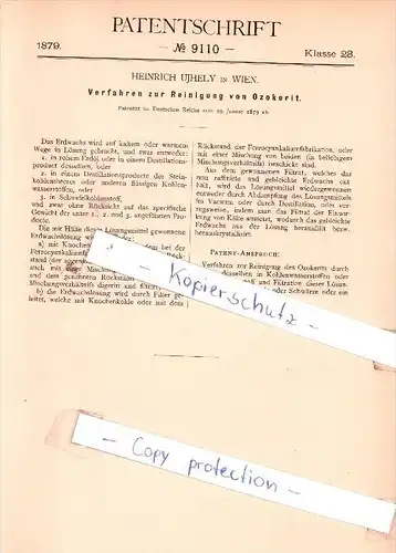 Original Patent - Heinrich Ujhely in Wien , 1879 , Verfahren zur Reinigung von Ozokerit !!!