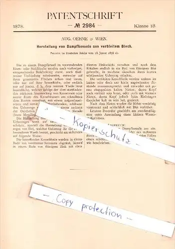 Original Patent - Aug. Oehme in Wien , 1878 , Herstellung von Dampfkesseln aus Blech !!!