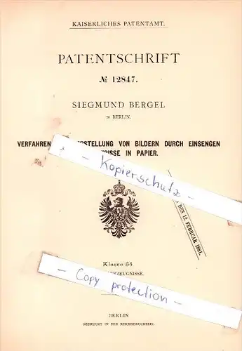 Original Patent - Siegmund Bergel in Berlin , 1880 ,  Herstellung von Bildern !!!