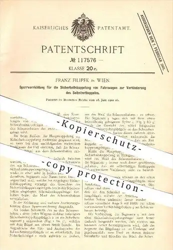 original Patent - Franz Filipek in Wien , 1900 , Sperre zur Verhinderung des Selbstentkuppelns an Kupplungen , Kupplung