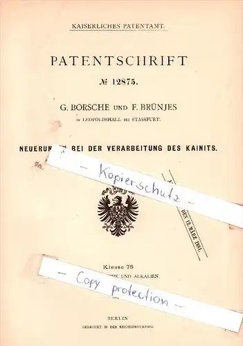 Original Patent - G. Borsche und F. Brünjes in Leopoldshall bei Stassfurt , 1880 , !!!