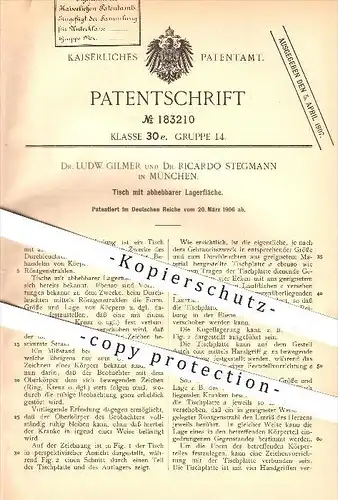 original Patent - Dr. Ludw. Gilmer & Dr. Ricardo Stegmann , München , 1906 , Tisch mit abhebbarer Lagerfläche , Röntgen