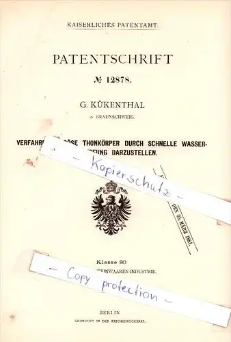 Original Patent - G. Kükenthal in Braunschweig , 1880 , Thonkörper !!!