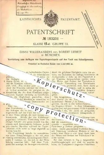 original Patent - Ernst Wiederanders , Robert Liebelt , München , 1906, Auflegen von Papier auf Pressen , Presse , Druck