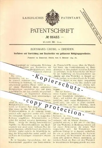 original Patent - Bernhard Gruhl in Dresden , 1894 , Beschneiden von Glas , Glasbläser , Glasbläserei , Glasblasen !!!