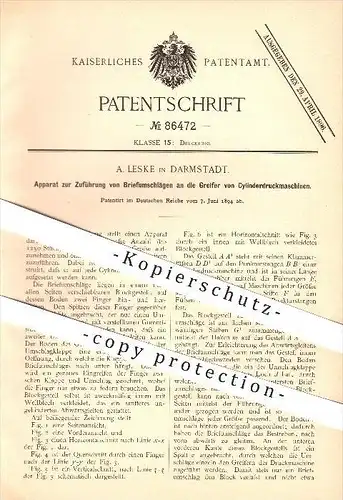 original Patent - A. Leske in Darmstadt , 1894 , Zuführung von Briefumschlägen an Druckmaschinen , Druck , Druckerei !!!