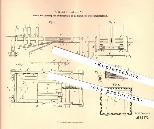 original Patent - A. Leske in Darmstadt , 1894 , Zuführung von Briefumschlägen an Druckmaschinen , Druck , Druckerei !!!