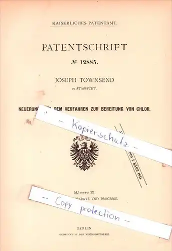 Original Patent - Joseph Townsend in Stassfurt , 1880 , Bereitung von Chlor !!!
