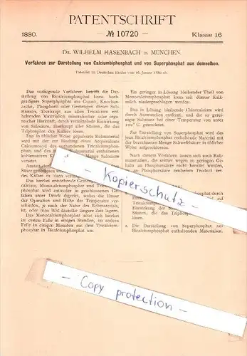 Original Patent - Dr. Wilhelm Hasenbach in München , 1880 , Darstellung von Calciumbiphosphat !!!