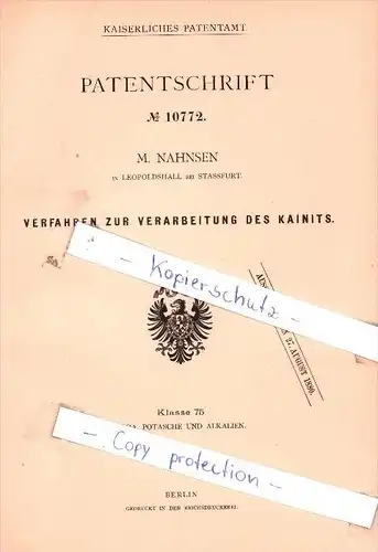 Original Patent - M. Nahnsen in Leopoldshall bei Stassfurt , 1880 , Verarbeitung des Kainits !!!
