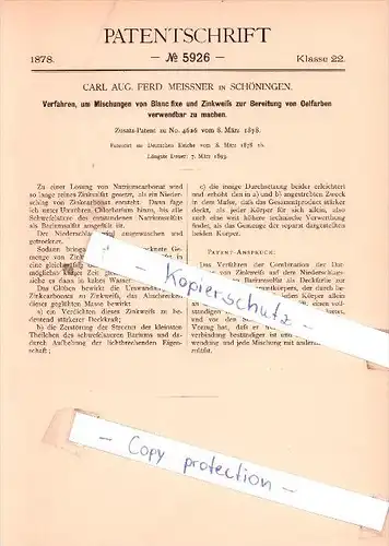 Original Patent - Carl Aug. Ferd. Meissner in Schöningen , 1878 , Bereitung von Oelfarben !!!