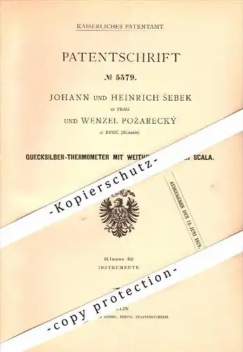 Original Patent - W. Pozarecky in Bysic und J. Sebek in Prag , 1878 , Quecksilber-Thermometer , Mlada Boleslav , Böhmen