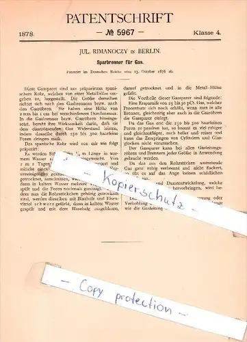 Original Patent - Jul. Rimanoczy in Berlin , 1878 , Sparbrenner für Gas !!!