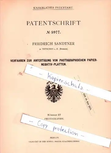 Original Patent - F. Sandtner in Tetschen a. E. , Böhmen , 1879 , Papiernegativ-Platten !!!