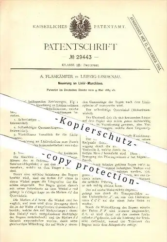 original Patent - A. Flaskämper in Leipzig-Lindenau , 1884 , Linier - Maschine , Lineal , Lineale , Druck , Druckerei !!