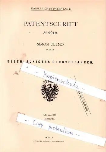 Original Patent - Simon Ullmo in Lyon , 1879 , Beschleunigtes Gerbverfahren !!!