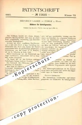 Original Patent - Heinrich Lages in Zorge a. Harz , 1880 , Glühkorn für Gewehr , Waffe , Walkenried !!!