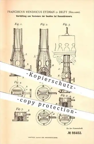 original Patent - Franciscus Hendricus Eydman in Delft , Holland , 1895 , Gasdüse am Bunsenbrenner , Brenner , Gas !!!