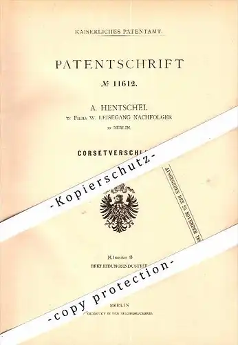 Original Patent - A. Hentschel in Berlin , 1880 , Corset , Korsett , Fa. Leisegang !!!