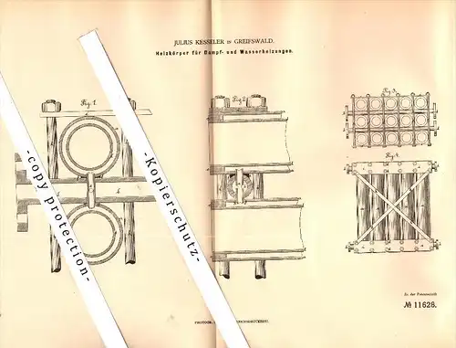 Original Patent - Julius Kessler in Greifswald i. Mecklenburg , 1880 , Heizkörper für Dampfheizung , Heizungsbau !!!