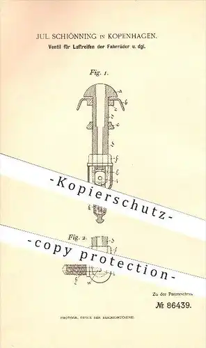original Patent - J.  Schiönning , Kopenhagen , 1895 , Ventil für Luftreifen der Fahrräder , Fahrrad , Reifen , Fahrzeug