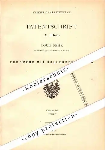 Original Patent - Louis Fehr in Riegel b. Emmendingen , 1880 , Pumpwerk mit rollenden Kolben !!!