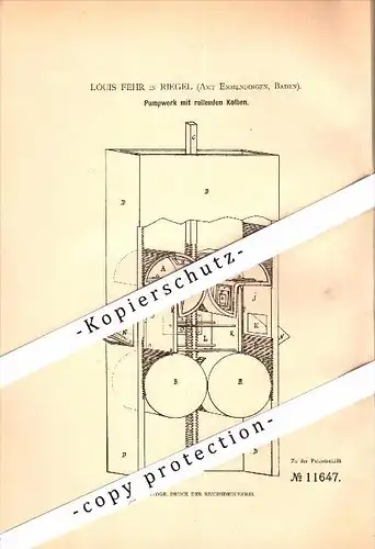 Original Patent - Louis Fehr in Riegel b. Emmendingen , 1880 , Pumpwerk mit rollenden Kolben !!!
