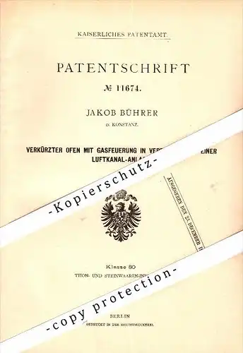 Original Patent - Jakob Bührer in Konstanz , 1880 , Ofen mit Luftkanal-Anlage , Keramik , Ton , Töpferei !!!