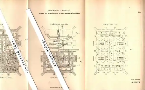 Original Patent - Jakob Bührer in Konstanz , 1880 , Ofen mit Luftkanal-Anlage , Keramik , Ton , Töpferei !!!