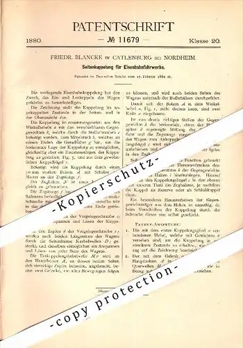 Original Patent - F. Blancke in Catlenburg b. Northeim , 1880 , Kupplung für Eisenbahn , Katlenburg-Lindau !!!