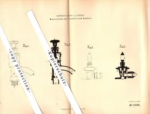 Original Patent - Heinrich Joos in Landau , 1880 , stossfreier Wasserhahn , Heizungsbau , Sanitär , Klempner !!!