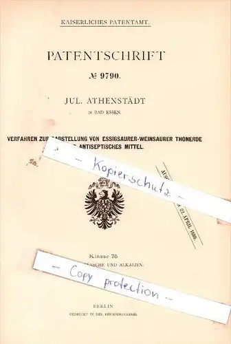 Original Patent - Jul. Athenstädt in Bad Essen , 1879 , Darstellung von Thonerde  !!!
