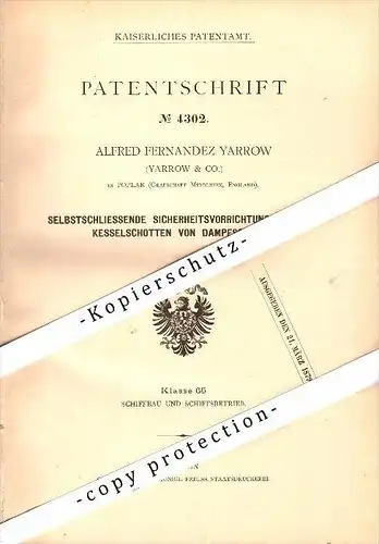 Original Patent - A.F. Yarrow in Poplar , Middlesex , 1878 , Security apparatus for steamships !!!