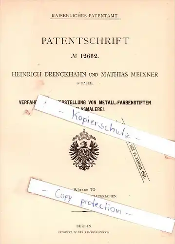 Original Patent - H. Drenckhahn und M. Meixner in Basel , 1880 , Metall-Farbenstifte !!!