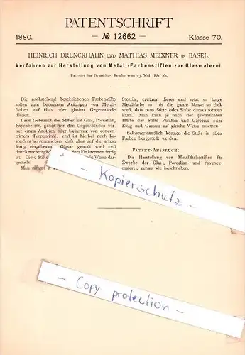 Original Patent - H. Drenckhahn und M. Meixner in Basel , 1880 , Metall-Farbenstifte !!!