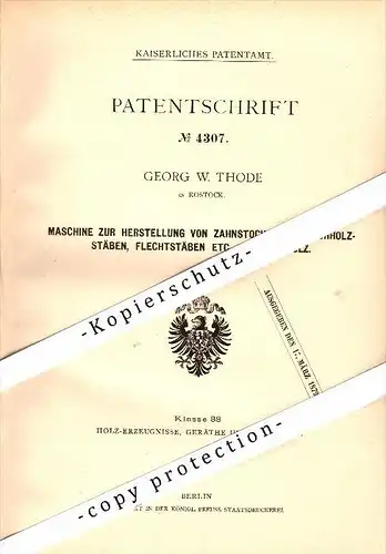 Original Patent - Georg Thode in Rostock i. Mecklenburg , 1878 , Streichholz - Herstellung , Streichhölzer , Zahnstocher