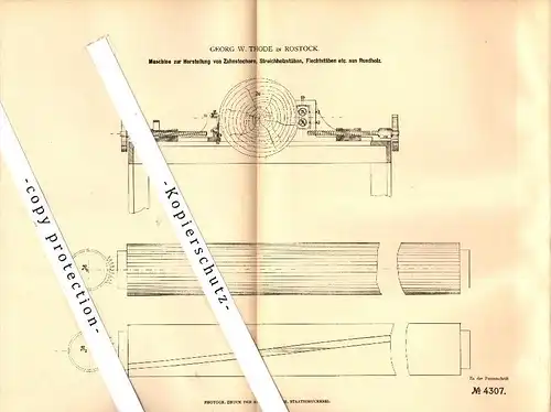 Original Patent - Georg Thode in Rostock i. Mecklenburg , 1878 , Streichholz - Herstellung , Streichhölzer , Zahnstocher