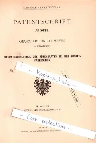Original Patent - G. F. Meyer in Holzminden , 1878 , Filtrationsmethode des Rübensaftes !!!