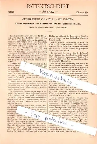 Original Patent - G. F. Meyer in Holzminden , 1878 , Filtrationsmethode des Rübensaftes !!!