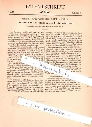 Original Patent - Pierre Henri Georges Potier a Paris , 1878 ,  Production de jouets pour enfants