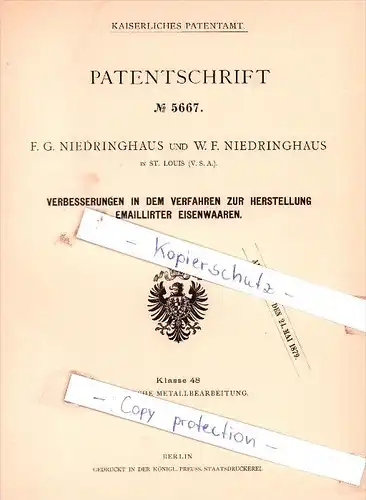 Original Patent - F.G. und W. F. Niedringhaus in St. Louis , V. S. A. , 1878 , Eisenwaaren !!!