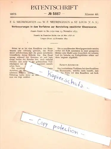 Original Patent - F.G. und W. F. Niedringhaus in St. Louis , V. S. A. , 1878 , Eisenwaaren !!!