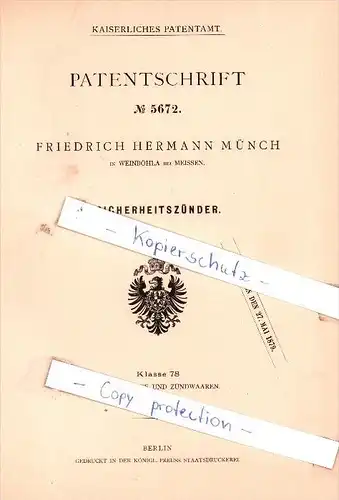 Original Patent - F. H. Münch in Weinböhla bei Meissen , 1878 , Sicherheitszünder !!!