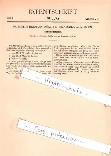 Original Patent - F. H. Münch in Weinböhla bei Meissen , 1878 , Sicherheitszünder !!!