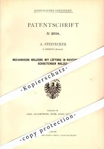 Original Patent - A. Steinecker in Freising , Bayern , 1877 , Mechanische Mälzerei , Brauerei , Brennerei , Alkohol !!!