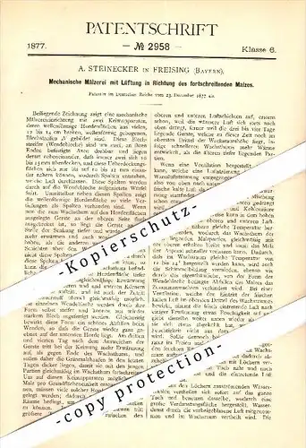 Original Patent - A. Steinecker in Freising , Bayern , 1877 , Mechanische Mälzerei , Brauerei , Brennerei , Alkohol !!!