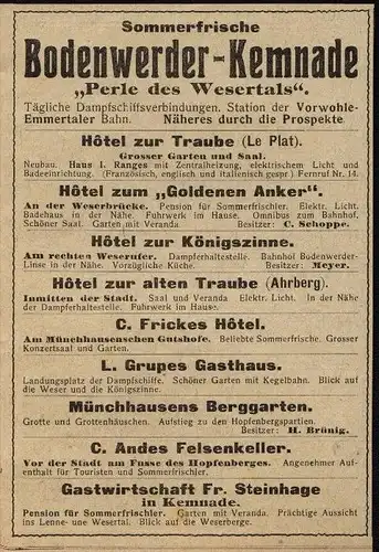original Werbung - 1906 - Bodenwerder / Kemnade , Hotels , Restaurant , Gasthaus , Grupe , Steinhage , Schoppe , Brünig