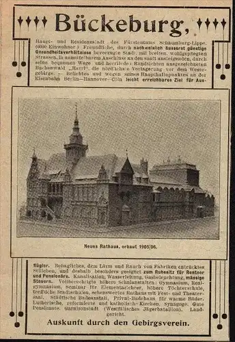 original Werbung - 1906 - Bückeburg , Rathaus , Gebirgsverein !!!