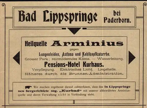 original Werbung - 1906 - Bad Lippspringe b. Paderborn , Heilquelle Arminius , Pension , Hotel , Kurhaus !!!